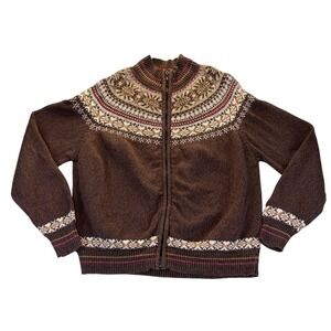 Shaver Lake Vintage Fair Isle Nordic Yoke Zip Up Cardigan Sweater Brown XL Y2K